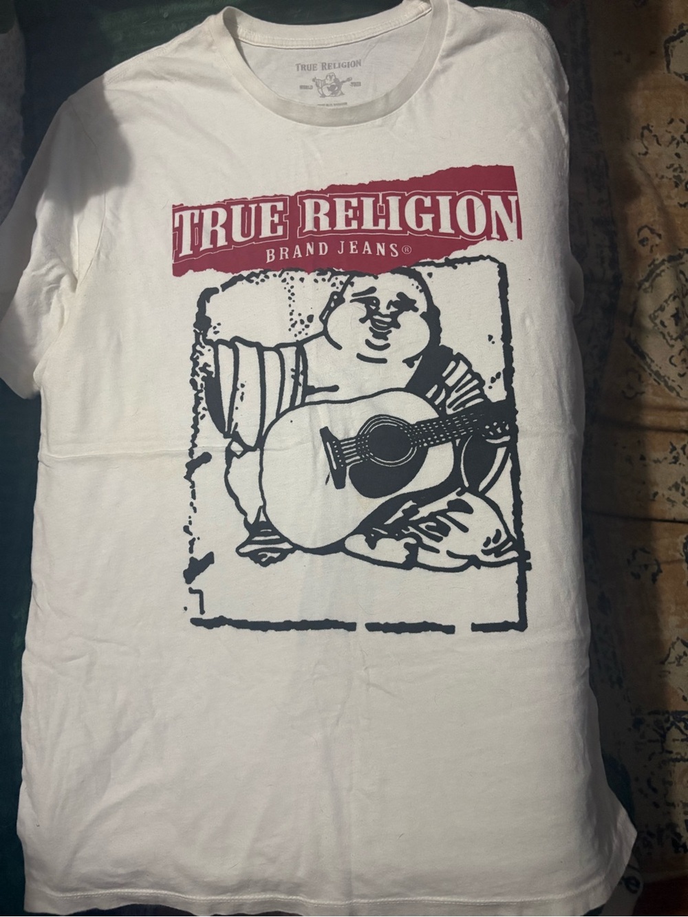 True Religion White Short-Sleeve Tee with Red Logo and Black Graphic
